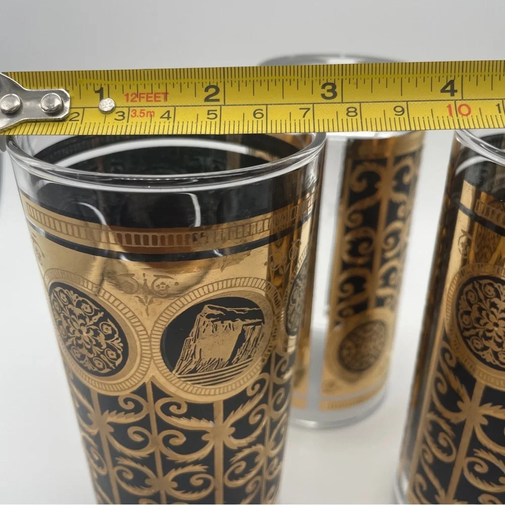 Set of 3 Libbey Prudential Rock of Gibraltar Black Gold MCM Highball Glasses VTG